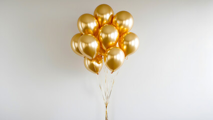 A bunch of luxury golden balloons on a white background. Birthday celebration concept with copy space. AI-Generated