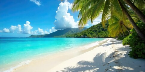 Sun-drenched white sand beach in Tahiti, turquoise water laps gently at the shore, lush tropical foliage provides shade Perfect for relaxation and escape , turquoise water, tropical beach
