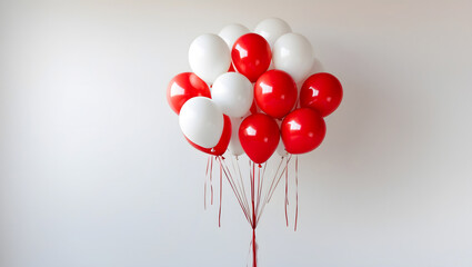 A bunch of red and white balloons on a white background. Birthday celebration concept with copy space. AI-Generated
