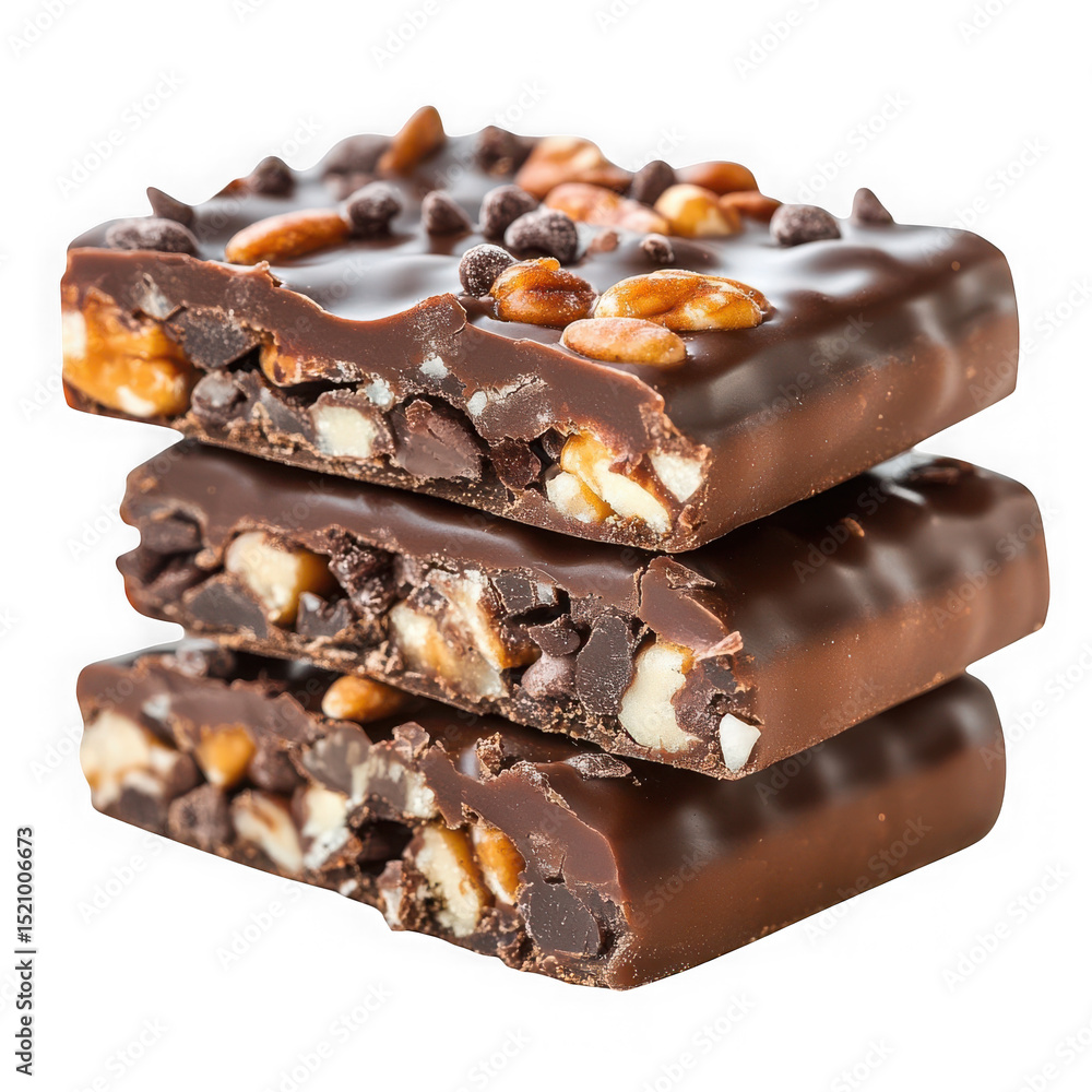 Poster stack of chocolate nut bars isolated on transparent background