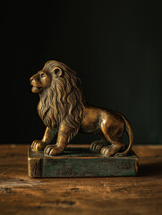 Antique brass lion motif bookend with tarnish and patina on walnut wood tabletop, side dramatic lighting, bold shadows, detailed grain, moody vintage atmosphere
