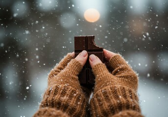 Cozy hands holding a chocolate bar with bite mark, wearing wool gloves, snow falling softly in background, winter warmth feel