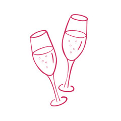 Cute Whimsical two Champagne Glasses isolated on a white background. Perfect for party invitation, posters, logo ща event organizer