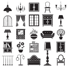Set of Collection of Black and White Interior Design Vector Icons