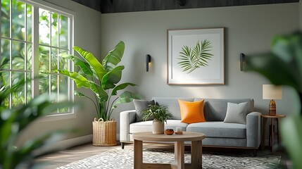 Cozy and modern living room with lush greenery and natural decor