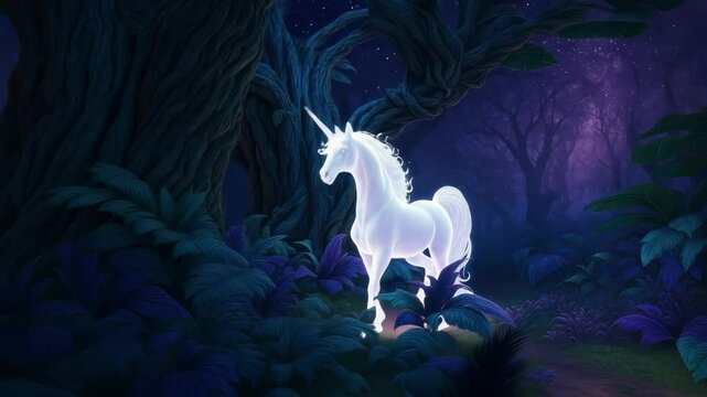 A glowing unicorn stands in an enchanted forest at night. The video captures a magical atmosphere from a low-angle perspective. Live desktop wallpaper.