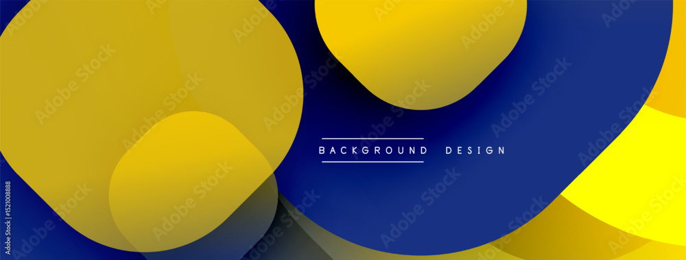 Poster Abstract shapes overlap, creating dynamic yellow, blue composition. Modern design elements suggest fluidity, depth. Minimal text present.