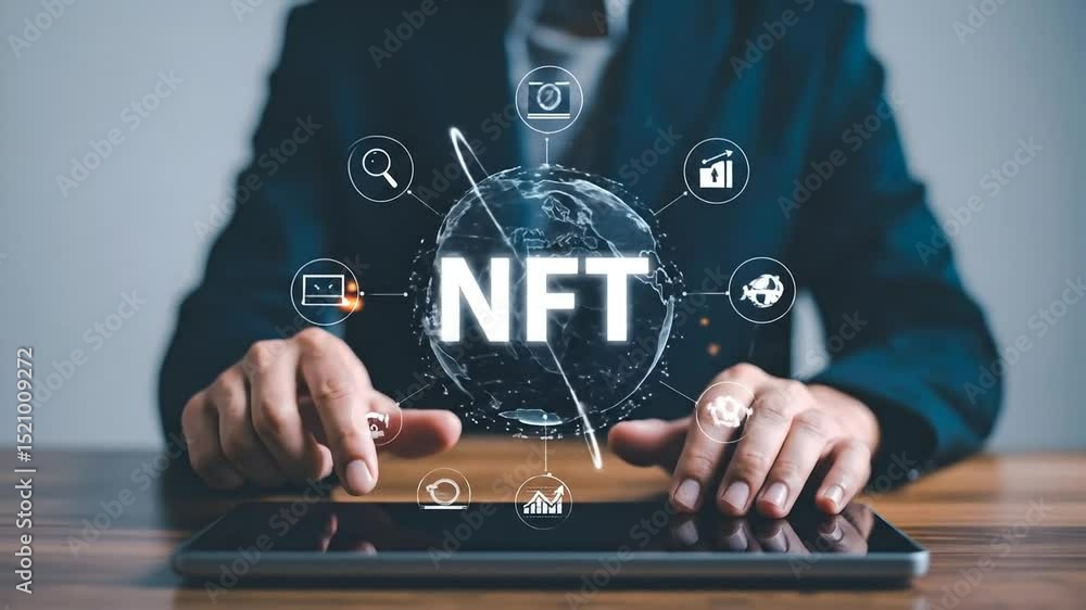Poster businessperson using tablet to interact with nft interface on digital screen