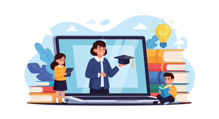 Online Education: Digital Learning with Teacher, Students, and Books
