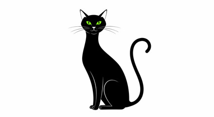 Elegant Black Cat Silhouette with Piercing Green Eyes and Curled Tail