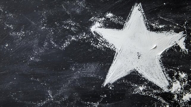 Black background with a white star drawn on it. the star is in the center of the image and appears to be made of flour or sugar.