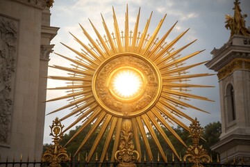 Ornate golden monstrance with radiant light