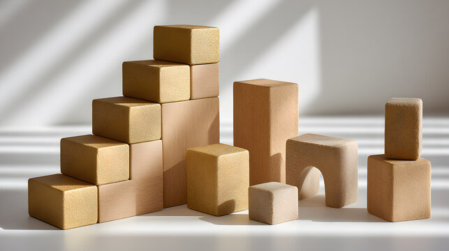 A collection of wooden blocks arranged, with a warm, neutral color palette and soft lighting. They're positioned to create different structures and shapes.