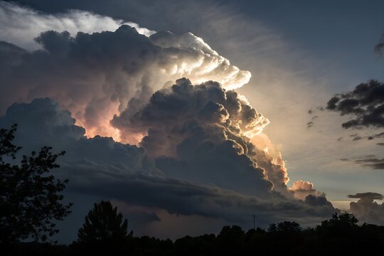 Dramatic sunset with illuminated cumulonimbus clouds