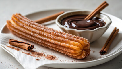 A churro with chocolate dipping sauce and cinnamon sugar