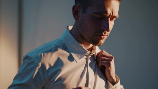 Businessman meticulously adjusting white collar with precise, confident movements, showcasing professional grooming and style during morning preparation routine