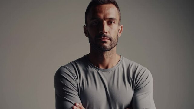 Confidently standing with crossed arms, professional male model projecting powerful, self assured demeanor against neutral gray studio setting
