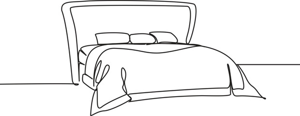 Continuous one line drawing of bed - interior furniture. Bed in single line illustration. Editable stroke. Vector Illustration.