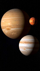 Obraz premium Giant planets with striking patterns hover majestically in a dark expanse of space. Mars stands prominently in between the gas giants, showcasing a blend of colors.