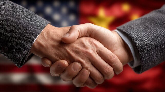 Businessmen shake hands against backdrop of american and chinese flags. - Powered by Adobe