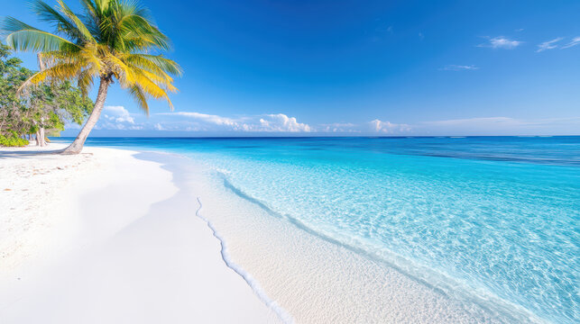 Serene tropical beach with soft white sand and clear turquoise water under bright blue sky