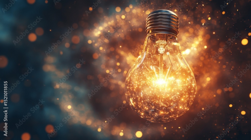 Poster Floating Lightbulb in Cosmic Vortex with Glowing Particles