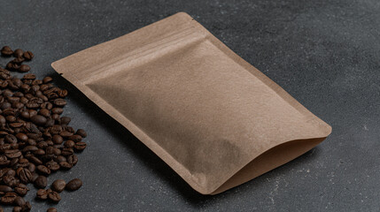 Mockup of a brown kraft paper coffee bag placed on a dark surface alongside coffee beans showcasing packaging design ideas