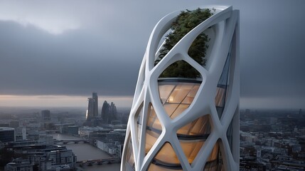 Modern architectural design of a high-rise building.