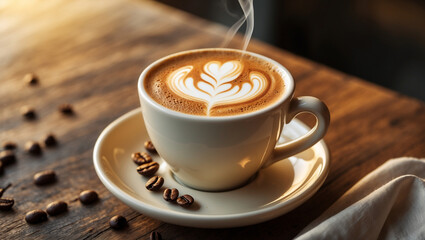 A frothy cappuccino with latte art in a ceramic cup