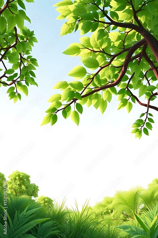 Poster fresh spring tree branch with small green leaves extending from the top corner in bright light and c