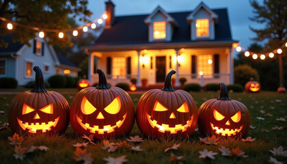 Halloween jack o'lanterns with lights on the lawn of a suburban home