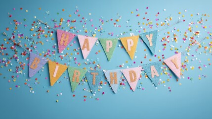 Festive Birthday Banner with Colorful Confetti on a Blue Background Perfect for Celebrations and Party Invitations