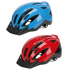 Fototapeta premium Two vibrant bicycle helmets, one blue and one red, for cycling safety