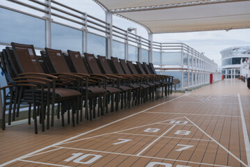 Shuffleboard board on outdoor deck of classic cruiseship cruise ship liner