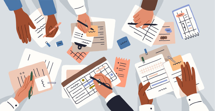 Team at office desk. Hands writing paper notes, planning agenda, business schedule. Work process at workplace, table, top view. Corporate meeting, teamwork from above. Flat vector illustration