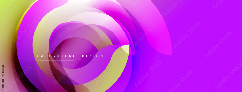Poster Abstract vibrant design. Circular layers create dynamic flow, purple dominates with yellow accents. Modern aesthetic, smooth gradients.