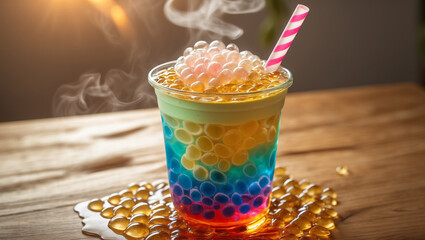 A colorful bubble tea with tapioca pearls and straw