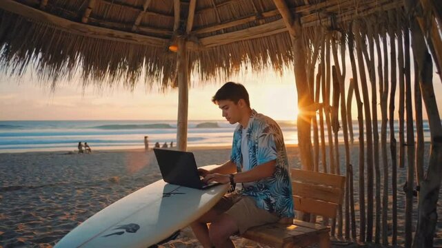 Surfer with a laptop at a beach bar.