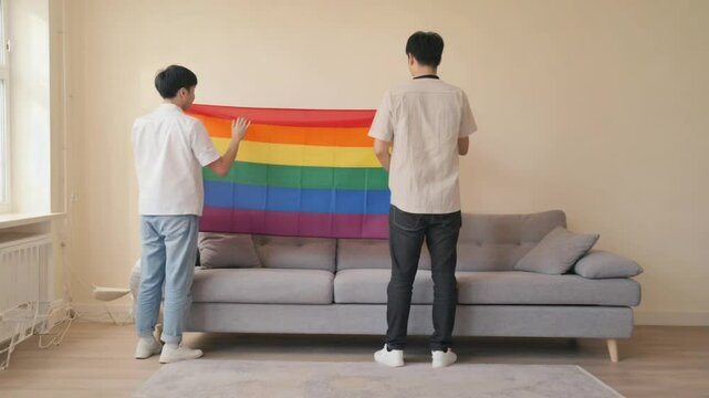 Couple hanging LGBT flag at home.