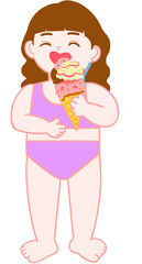바다 또는 해수욕장에서 아이스크림을 먹고 있는 수영복을 입은 곱슬 머리의 소녀 여자 사람 일러스트 