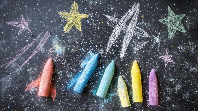Group of colorful crayons scattered on a black chalkboard. there are six crayon crayones in total, three of which are pink, one is orange, one blue, one yellow, one green, and one purple.