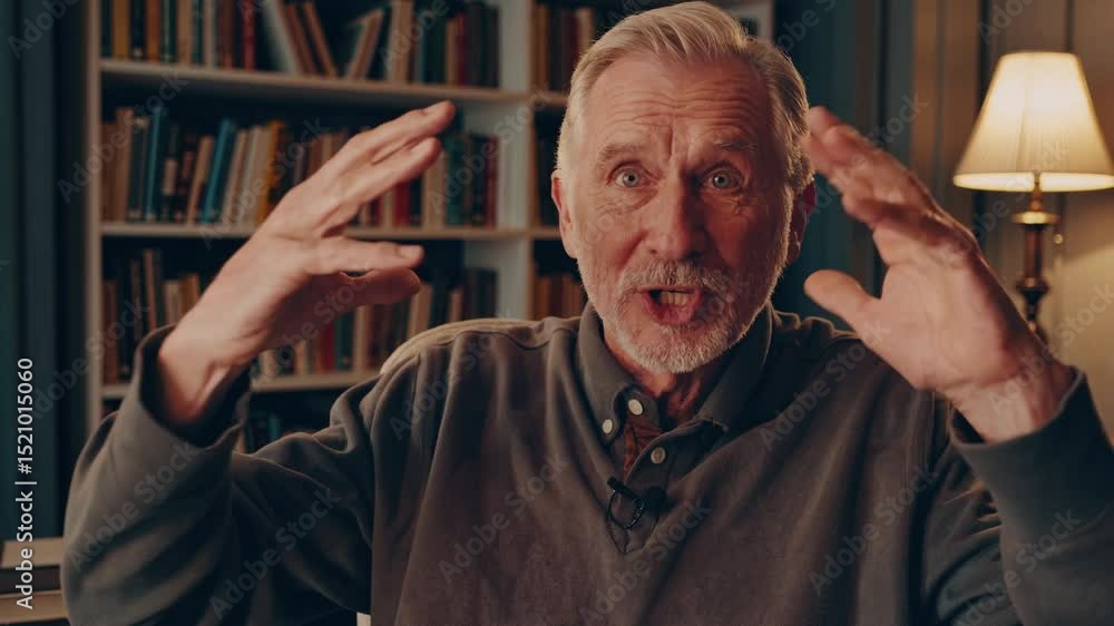 Poster senior professor explaining academic topic while gesturing, surrounded by library bookshelves, shari
