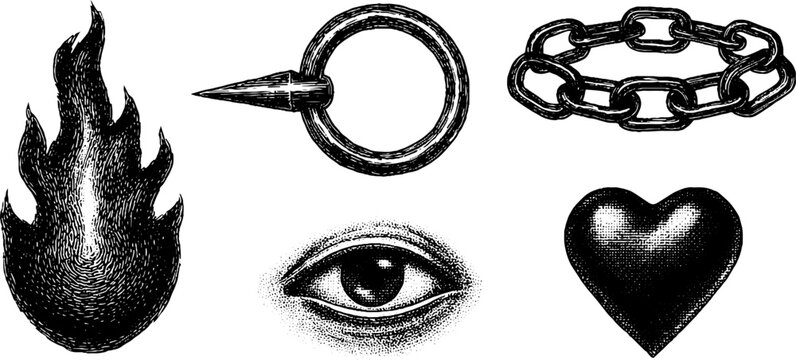 Intricate engraved designs of cyber grin, eye, flame, heart, and circular chain set