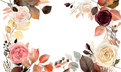 Watercolor Floral Frame with Roses and Autumn Leaves