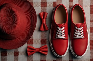 Red-Themed Fashion Accessories on Plaid Background: Fedora, Bow Ties, and Leather Shoes