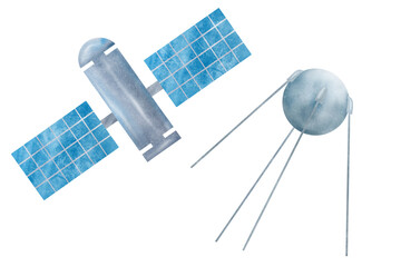 Beautiful set of space blue and gray satellite isolated object from a large space collection. Watercolor digital illustration. Cute for the kids design, decoration of clothes, room, interior, textile