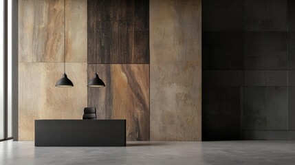 Empty room with a modern and minimalist design. the walls are made of large, rectangular tiles in different shades of brown and beige, creating a textured look.