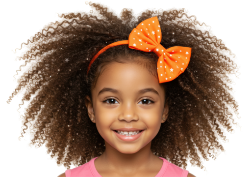 Isolated Smiling Young Girl with Curly Hair and Orange Bow Headband