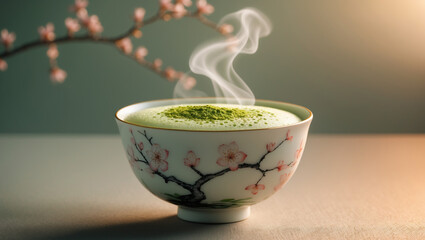 A steaming matcha latte in a Japanese tea bowl