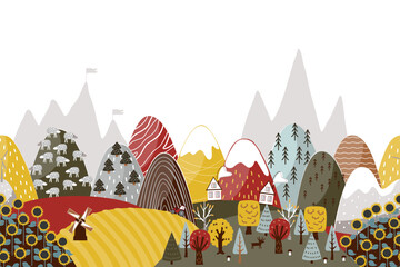 Cute seamless border pattern with doodle hand drawn mountains and fields landscape. Creative children texture for kids fabrics, decor, wallpapers. Modern cartoon style vector illustration.